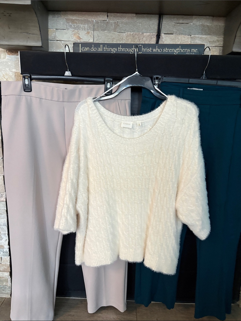 Cyrus Cream Fuzzy Scoop-Neck Knit Sweater